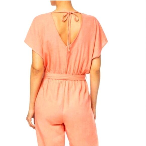 Kenzie orange linen blend v-neck dropped shoulder jumpsuit. - Picture 2 of 9
